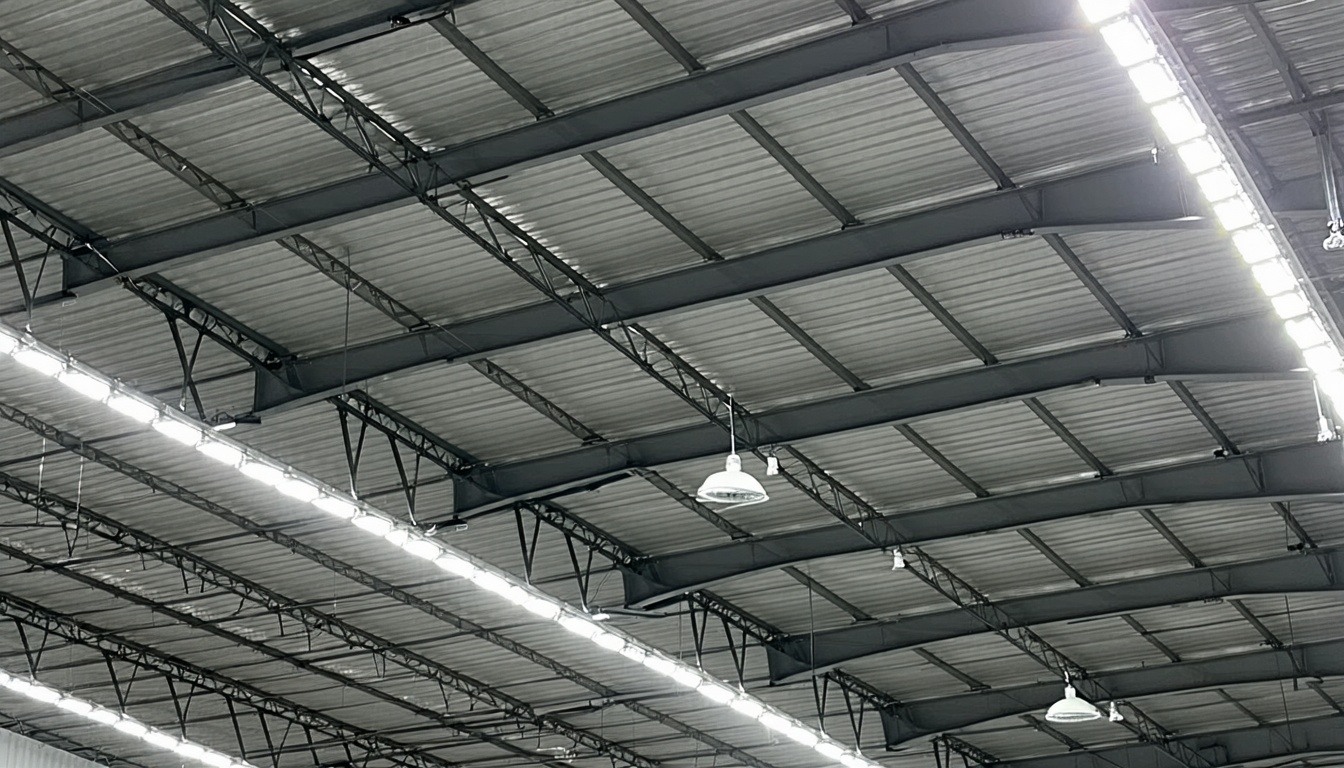 Close up image of industrial lighting installed inside a warehouse with a grey exposed steel profile roof