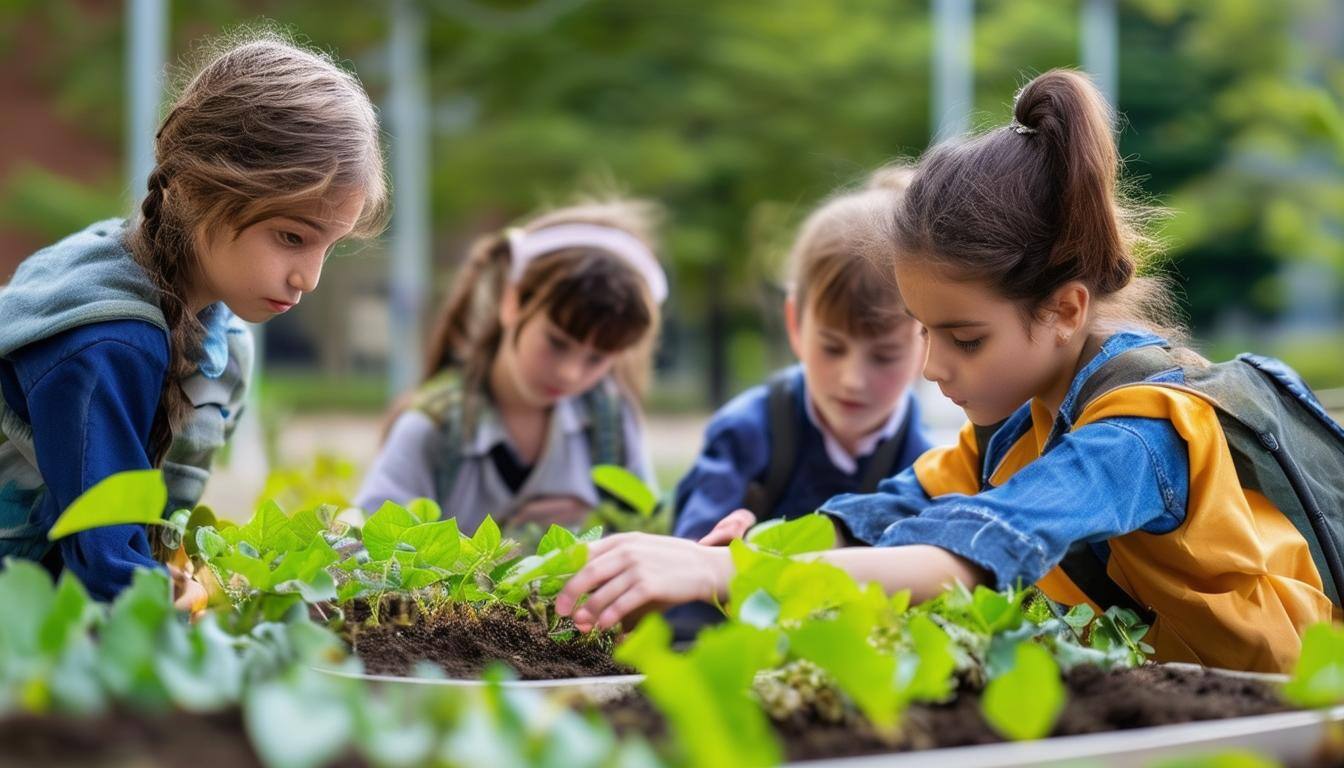 Four children gardening outside