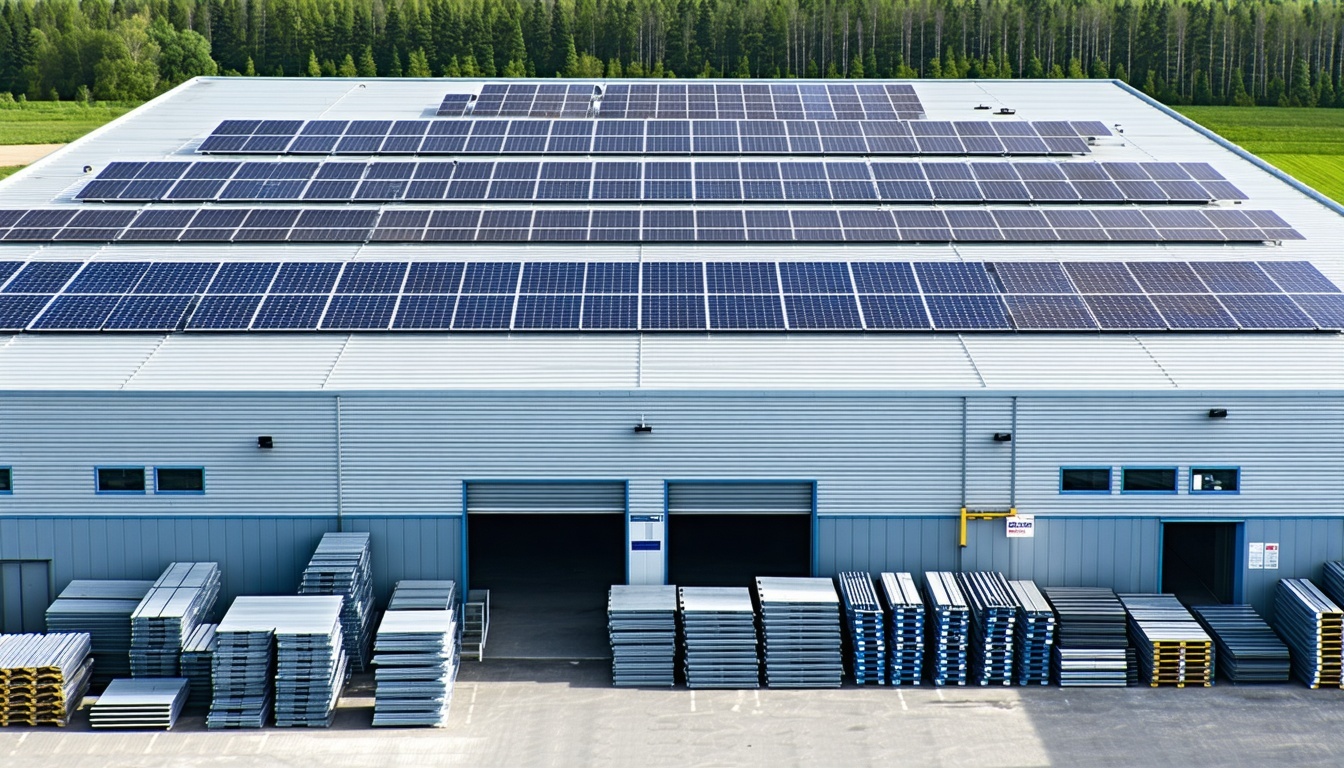 looking down on a large industrial steel framed factory with cladding on the walls and roof The roof is covered in solar panels and outside are neat stacks of metal profiles used for constructing steel frame buildings-1