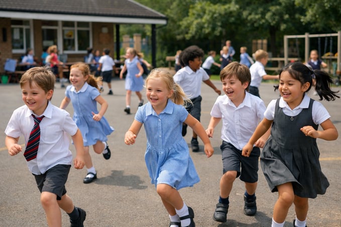 photographic Primary school children in uniform running around at lunchtime-1