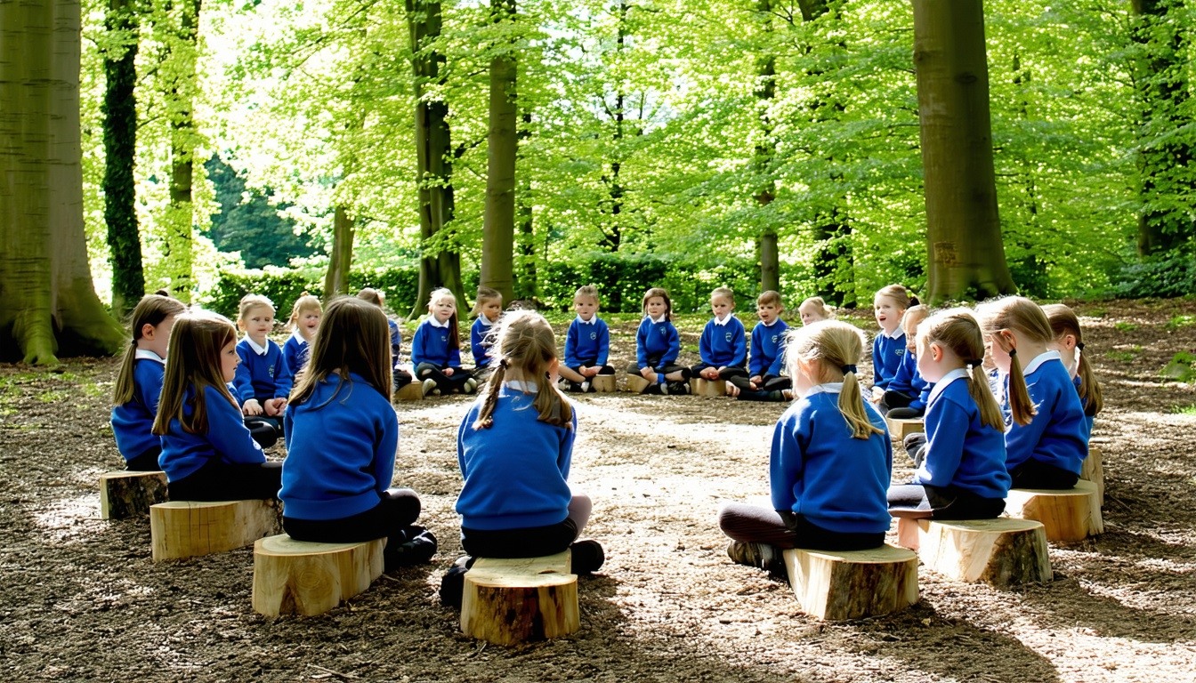 Class of primary school children in a circle in a woods clearing