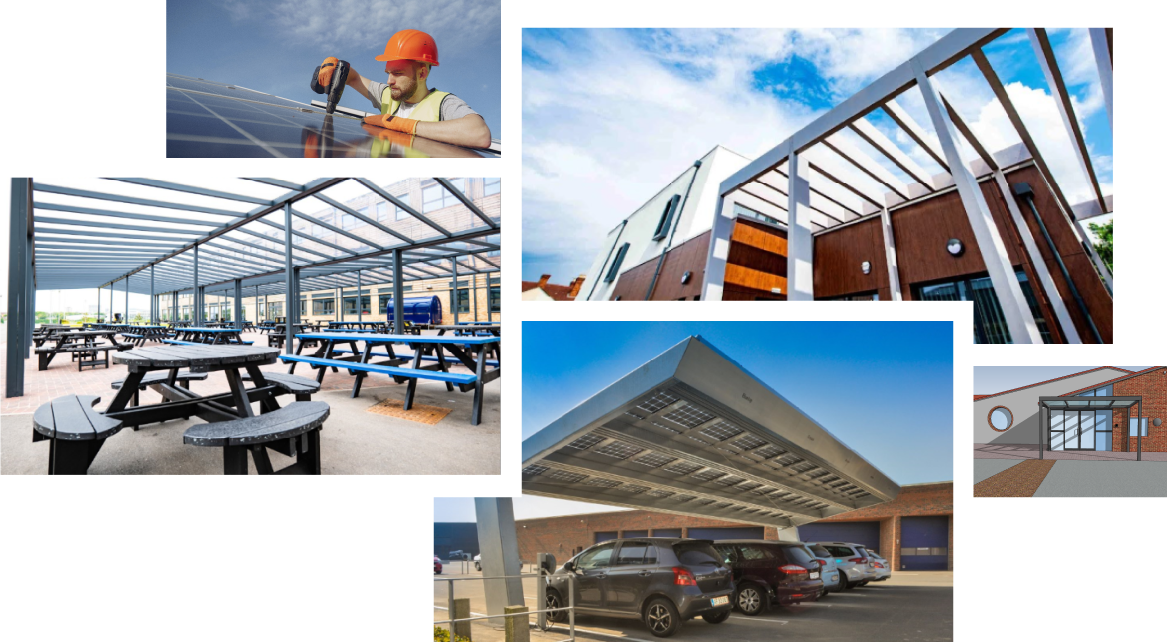 Collage of canopies, covers and workers