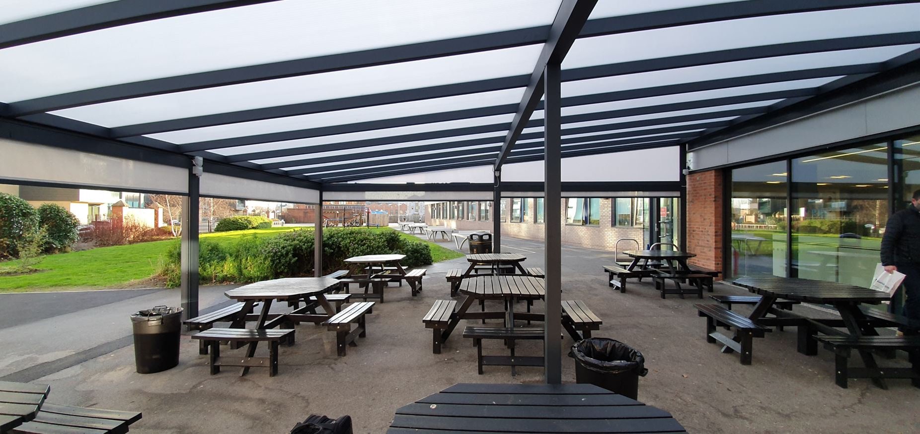 Large dining area canopy with external blinds