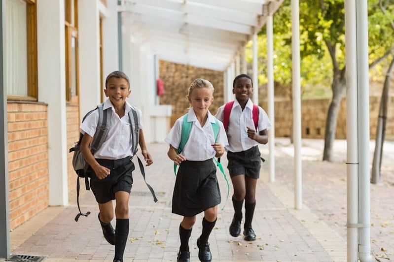 School canopy with exposed gutter and downpipe