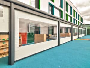 School playground canopy with external blinds installed to front
