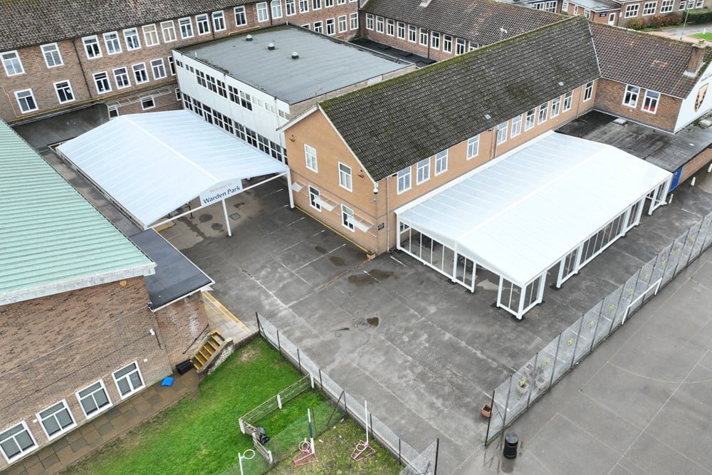 Warden Park Academy - Dining canopy and Entrance canopy drone